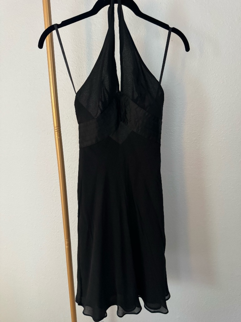 Express black halter dress with silk tuxedo detailing and deep v back (size 2)